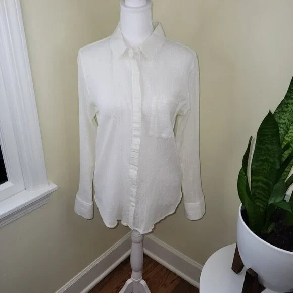 Treasure & Bond Button Up Blouse Ivory W/Silver Thread Collared Women's Size XS - Picture 2 of 15